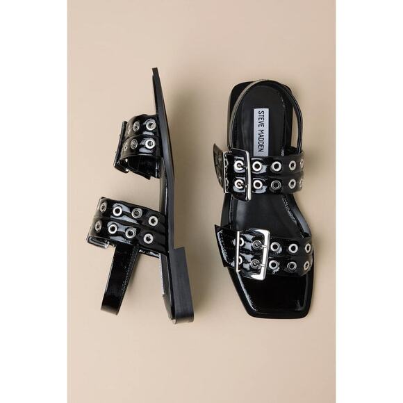 Steve Madden Sandria Black Patent Studded Buckle Slingback Sandals - Picture 3 of 4